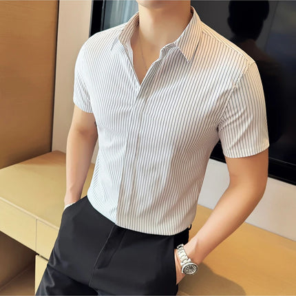 2024 Summer Fashion Vertical Striped Shirts Luxury Men's Hidden Button Short Sleeved Slim Fit Casual Business Shirt Men Clothing