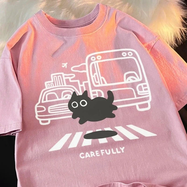 Crossing The Road Cat Cute Cartoon Black Cat Summer Woman Tee Shirt Fitting Soft Leisure Breathable Pleasure Comfort Tops