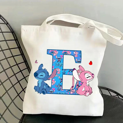 Disney Stitch Fashion Canvas Tote Bag for Women Anime Letter A-Z Printed Shoulder Bag Students Commute Portable Handbags Gifts