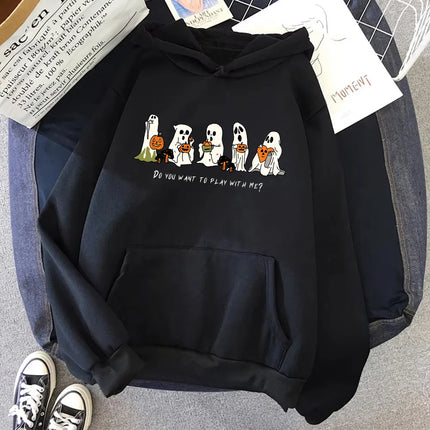Do You Want Play With Me Halloween Ghost Sweatshirt Cute Halloween Pullover Halloween Women's Hoodie Spooky Season Sweatshirts