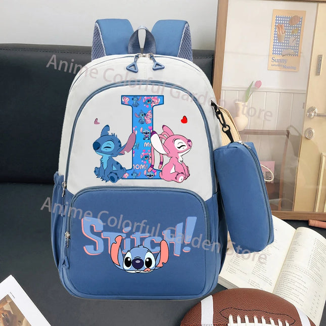 Disney Stitch Large Capacity Backpack with Pencil Bag Cartoon Letter A-Z Printed Fashion Schoolbag Book Stationery Storage Bags