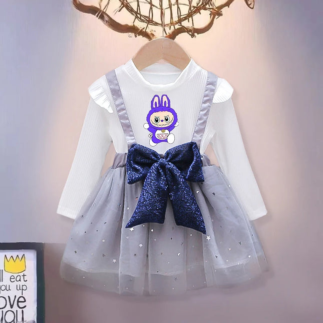 Labubu Cute Mesh Bow Dress for Children Anime Cartoon Kawaii One-piece Dresses Girls Spring New Sweet Fake Two Dress Strap Skirt