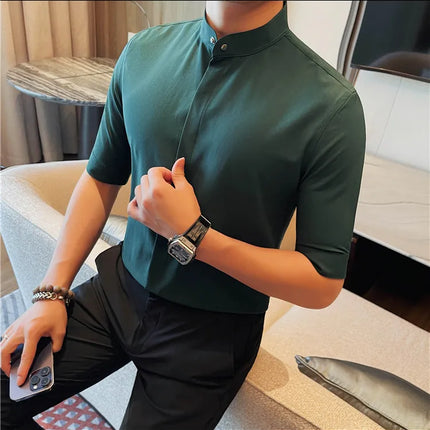 Summer New Standing Collar Half Sleeve Shirts For Men Invisible Button Up Design Slim Casual Business Social Shirt Club Outfits