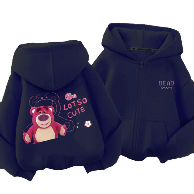 Kids Spring and Autumn Cardigan Men's and Women's Hooded Zipper Top 3-12 Year Old Kids Casual Sports Cardigan Strawberry Bear