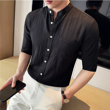 Summer New Chinese Style Stand Up Collar Shirt High Quality Slim Fit Half Sleeved Casual Social Party Shirt Men's Clothing 4XL-M