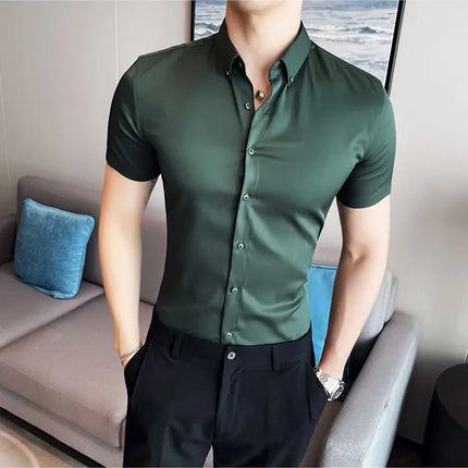 2025 Summer Solid Slim Fit Shirt High Quality Men Business Casual Short Sleeved Social Party Shirts Men Clothing Plus Size 5XL-M