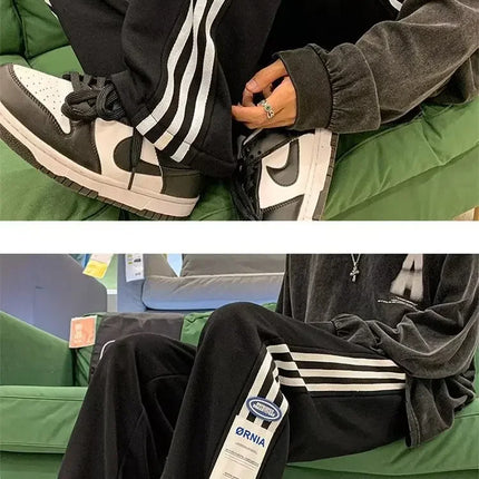 American Style High Street Pants Men's Fall Winter Trendy Brand Fleece-Lined Casual Sports Striped Waist-Defining Loose Fit Vers