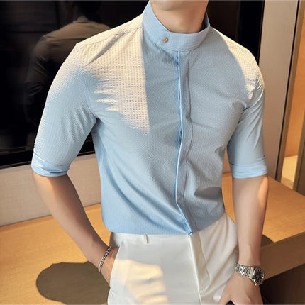 New Chinese Style Stand Up Collar Slim Fit Half Sleeved Shirts Men High Quality Striped Elegant Shirt Summer Social Party Dress