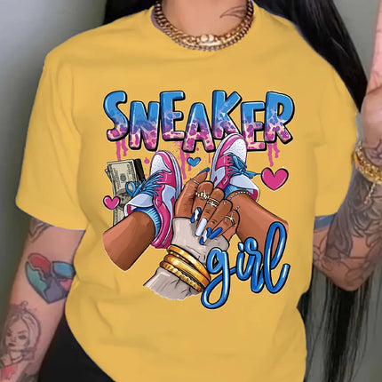 Summer Women Girl Graphic Print T-shirt Cotton T-Shirt Round Neck Casual T-shirt Oversized Loose Tee Top Clothing Streetwear