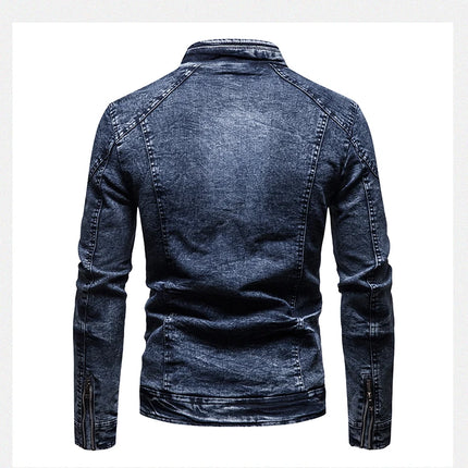 Cowboy jacket men's retro style personalized slim fit stand up collar zipper warm workwear jacket motorcycle riding suit