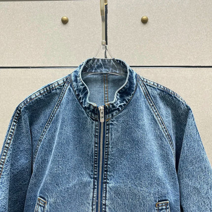 Spring New Round Collar Zipper Double Pocket Denim Coat for Women's Fashion Back Waist Make Old Washed Water Blue Coat
