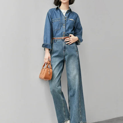 SENTUBILA 100% Cotton Washed Denim Jacket for Women 2025 Spring Retro Loose Patchwork Pockets Leather Logo Coat W43C56148