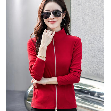 New Women's Zippered Stand Collar Jacket Slim Fit Long Sleeve Cotton Solid Color Casual Outerwear