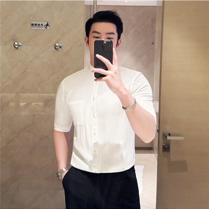 Summer New Chinese Style Stand Up Collar Shirt High Quality Slim Fit Half Sleeved Casual Social Party Shirt Men's Clothing 4XL-M