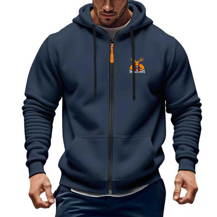 New style European-American men's sport plain-color hooded sweatshirt cardigan with zipper for autumn and winter printed coat