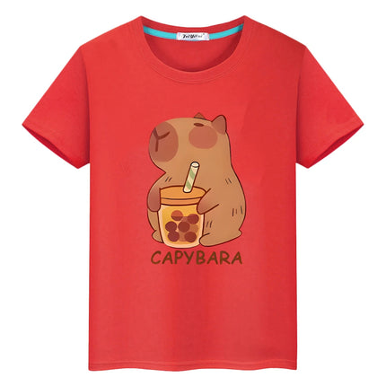Capybara drinks milk tea print anime Short t shirt for kids boy 10year y2k one piece 100%Cotton Tops pride tshirt girls clothes