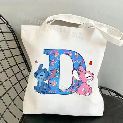 Disney Stitch Fashion Canvas Tote Bag for Women Anime Letter A-Z Printed Shoulder Bag Students Commute Portable Handbags Gifts