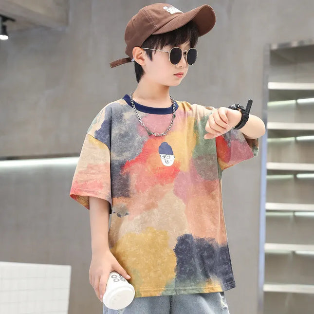 Summer Tie-Dye Cool Kids Boy Casual Tops Print Trendy Children's T-shirt Short Sleeve Teenager Tees Cotton Tshirt 4-14 Years Old