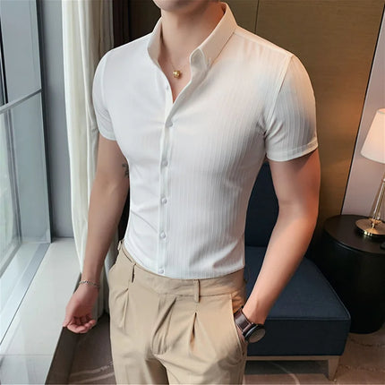 Plus Size 4XL-M Summer Mens Dark Striped Shirts Short Sleeve Fashion 2022 Korean Slim Fit Casual Business Formal Wear Blouse