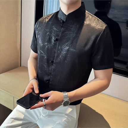 2024 Summer Chinese Style Standing Collar Shirts For Men Fashion Print Short Sleeve Slim Fit Casual Social Party Tuxedo 4XL-M