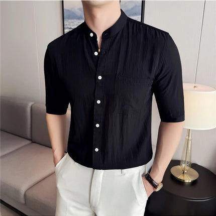 Summer New Chinese Style Stand Up Collar Shirt High Quality Slim Fit Half Sleeved Casual Social Party Shirt Men's Clothing 4XL-M