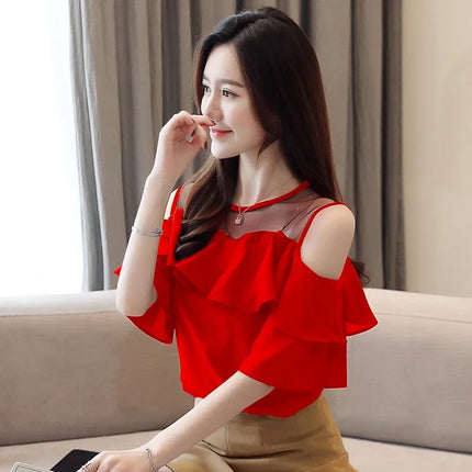 Mesh Chiffon Bluse Sommer Kurzarm Rüschen Tops Sexy Off Shoulder Shirt