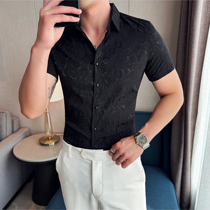2025 Summer New Flower Shirts Men Short Sleeve Retro Casual Shirts Fashion Versatile Business Slim Social Party Tuxedo Blouse