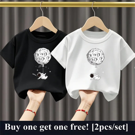 2pcs Boys Cartoon Astronaut  Print T Shirt Set Kids Cotton Short Sleeve Outfit Brother Friend Party Summer Tops 3-14years
