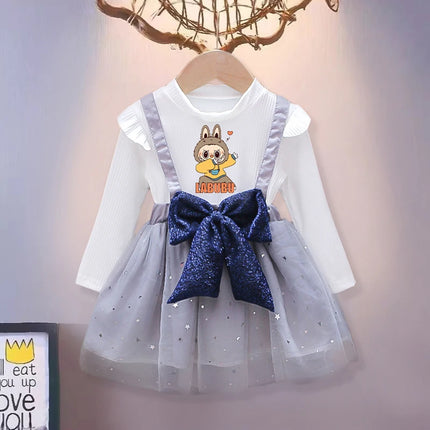 Labubu Cute Mesh Bow Dress for Children Anime Cartoon Kawaii One-piece Dresses Girls Spring New Sweet Fake Two Dress Strap Skirt