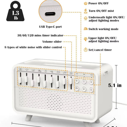 LED White Noise Speaker with 8 Nature Sound Portable BT Speaker Auto-Off Aroma Diffuser Sleep Aid Night Light Humidifier Machine