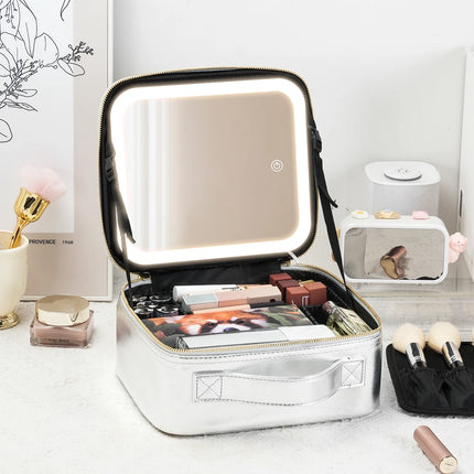 Travel Makeup Bag with LED Lighted Mirror 3 Color Scenarios Adjustable Brightness, with DIY Dividers, Toiletry Makeup Case Gift