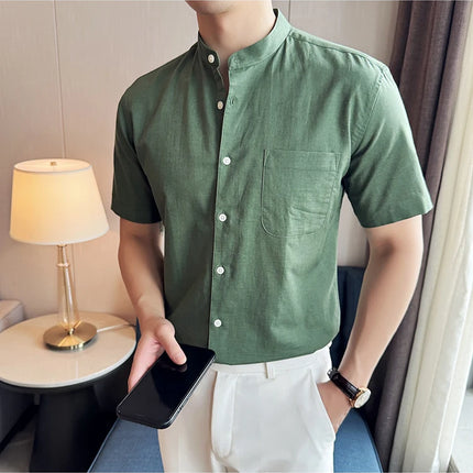 Summer New Chinese Style Linen Cotton Shirts Men's Standing Collar Short Sleeved Thin Breathable Shirt Tops Streetwear 4XL-M