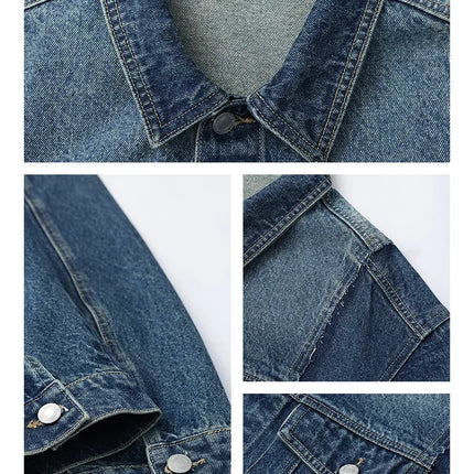 Women Retro Washed Denim Jacket Spring 2025 Oversized Drop Shoulder Loose Fit Casual Fashionable Lapel Collar Chic Jean Coat