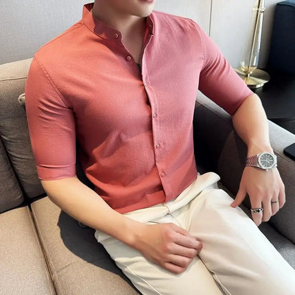 2024 Summer New Chinese Style Linen Shirts Men's Half sleeve Stand-Up Collar Linen Cotton Business Casual Slim Versatile Shirts