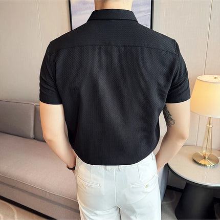 2024 Summer Waffle Shirt Luxury Men's Slim Fit Casual Short Sleeved Business Versatile Dress Shirt Men Clothing Plus Size 4XL-M