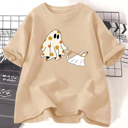 Сute Ghost Dog T-Shirt Women Men Dog Lovers Halloween Tshirts Spooky Season Fall Graphic Tee Retro Cotton Short Sleeve Tshirt
