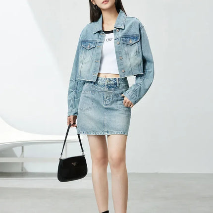 SENTUBILA 100% Cotton Washed Denim Jackets for Women 2025 Spring Casual Loose Turn Down Collar Fashion Short Jacket W41W54341