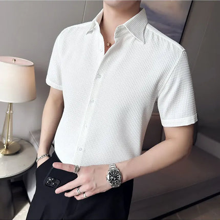 2023 Summer Waffle Short Sleeved Shirt Men Fashion Casual Solid Color Lapel Loose Shirt Male Korean Social Business Dress Blouse