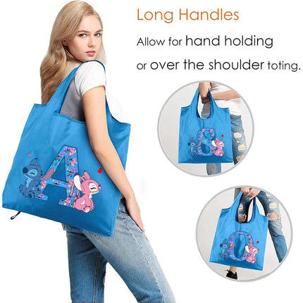 Disney Stitch Foldable Shopping Bag for Women Men High-capacity Reusable Handbags Cartoon Letter A-Z Printing Portable Tote-bags