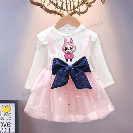 Labubu Sweet Mesh Dress with Bow for Girls Anime Cartoon Cute Suspender Skirt Children Spring Fashion Fake Two Dresses Gifts