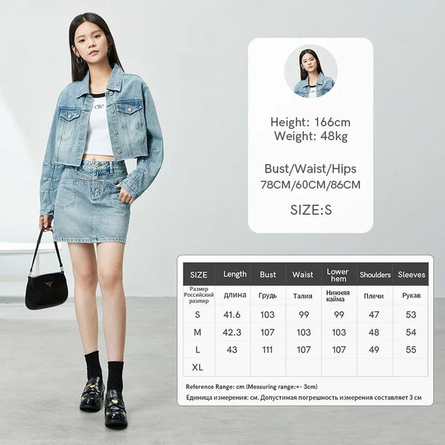 SENTUBILA 100% Cotton Washed Denim Jackets for Women 2025 Spring Casual Loose Turn Down Collar Fashion Short Jacket W41W54341