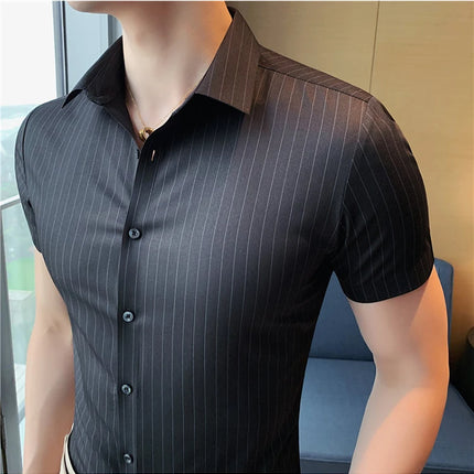 High Quality Ice Silk Traceless Striped Shirt Men's Summer Short Sleeve Slim Casual Business Shirts Tuxedo Men Clothing 4XL-M