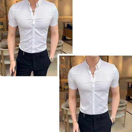 Neckline Embroidery Shirts Men Summer Short Sleeve Slim Fit Casual Shirt Men Solid Color Business Party Dress Shirt Streetwear