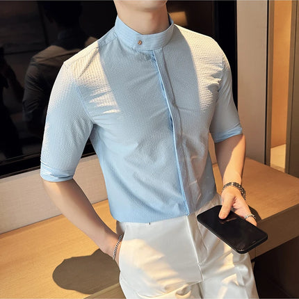 New Chinese Style Stand Up Collar Slim Fit Half Sleeved Shirts Men High Quality Striped Elegant Shirt Summer Social Party Dress