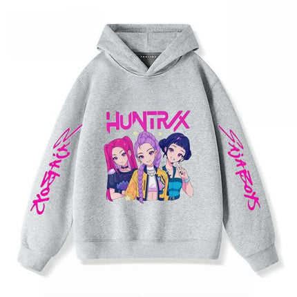 Gray Hoodies Trendy Casual Clothing Long Sleeve For Girls Child K-pop Demon Hunters Clothing Toddler New Printing Hooded Tops