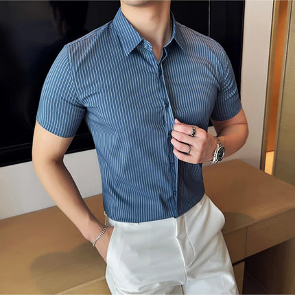 2024 Summer Fashion Vertical Striped Shirts Luxury Men's Hidden Button Short Sleeved Slim Fit Casual Business Shirt Men Clothing