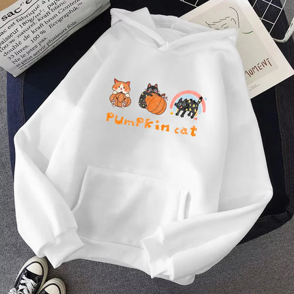 2024 Women Halloween Sweatshirt Cat And Pumpkin Pattern Cotton Drawstring Jumper Hoodie Unisex Fashion Casual Loose Sportshoodie
