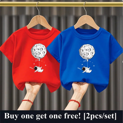 2pcs Boys Cartoon Astronaut  Print T Shirt Set Kids Cotton Short Sleeve Outfit Brother Friend Party Summer Tops 3-14years