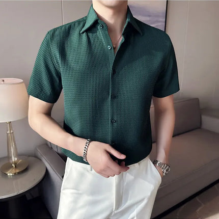 2023 Summer Waffle Short Sleeved Shirt Men Fashion Casual Solid Color Lapel Loose Shirt Male Korean Social Business Dress Blouse