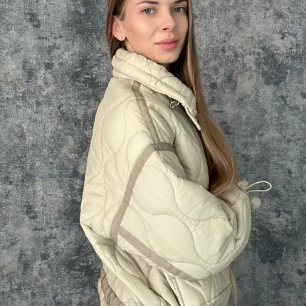 ZBZA Women Quilted Jacket Coat Drawstring High Neck Zipper Hidden Button Clip Cotton Outerwear Fall Winter New Female Chic Coat